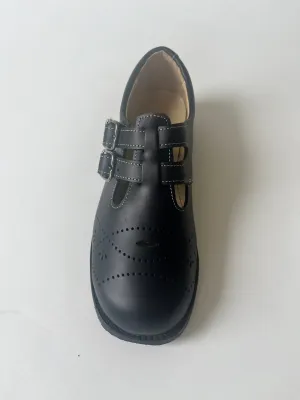 Black double straps with buckle school shoe and piping(14)