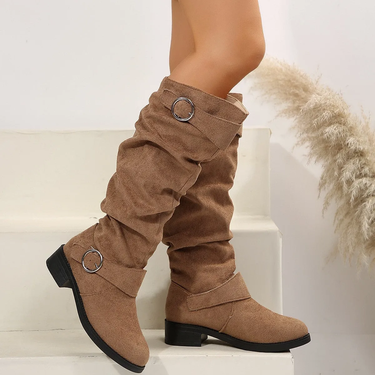 Buckle Block Heel Boots