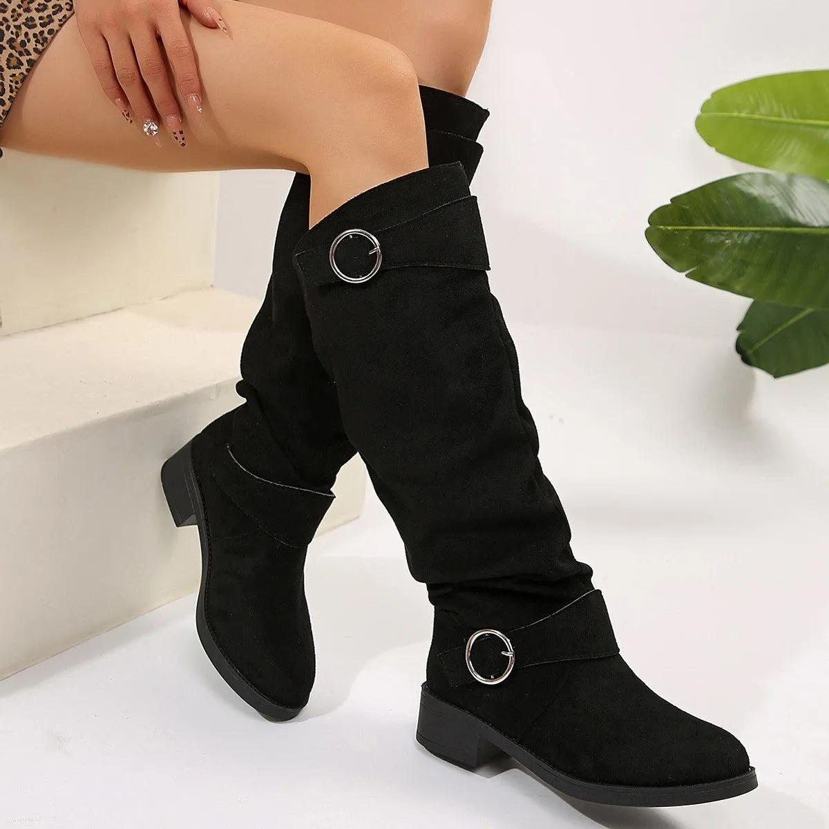 Buckle Block Heel Boots
