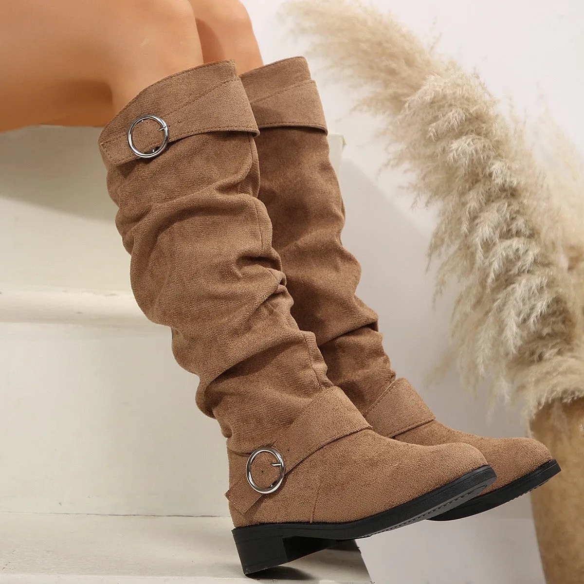 Buckle Block Heel Boots