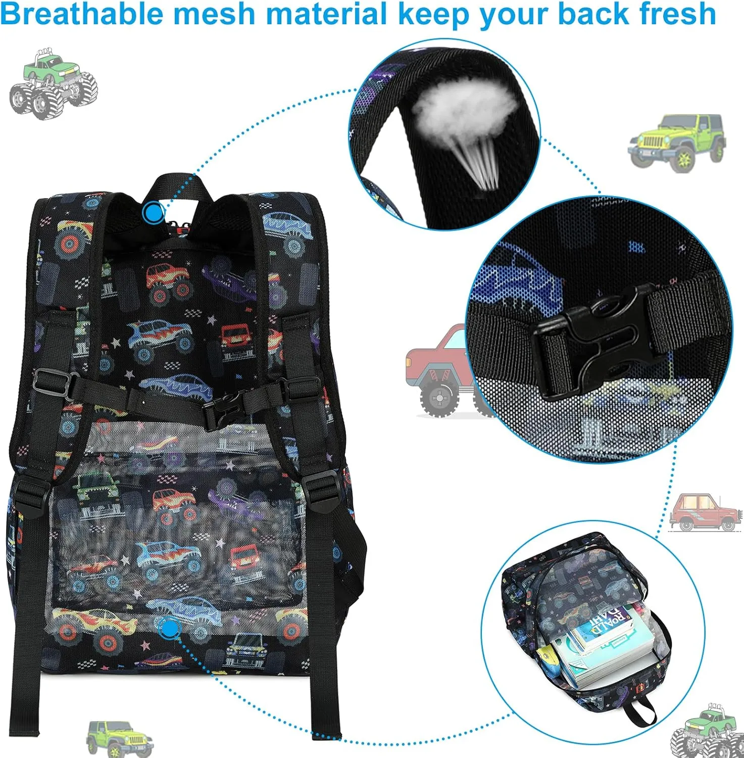 CAMTOP Mesh Backpack Kids Boys Girls Bookbag See Through Preschool Backpacks Casual Daypack for School Beach Travel Sport (Black-Vehicle)