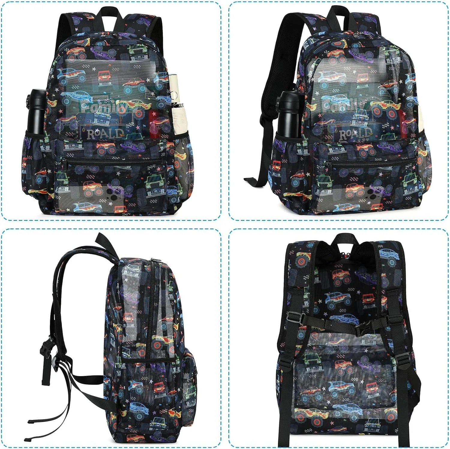 CAMTOP Mesh Backpack Kids Boys Girls Bookbag See Through Preschool Backpacks Casual Daypack for School Beach Travel Sport (Black-Vehicle)