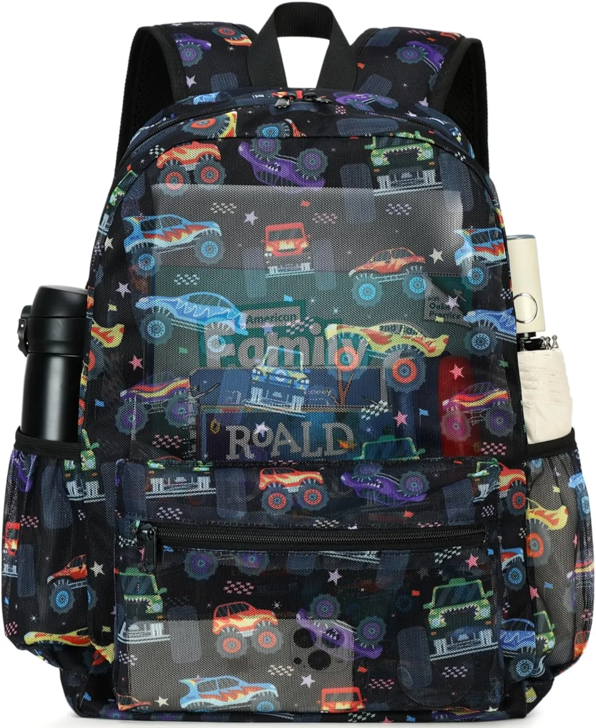 CAMTOP Mesh Backpack Kids Boys Girls Bookbag See Through Preschool Backpacks Casual Daypack for School Beach Travel Sport (Black-Vehicle)
