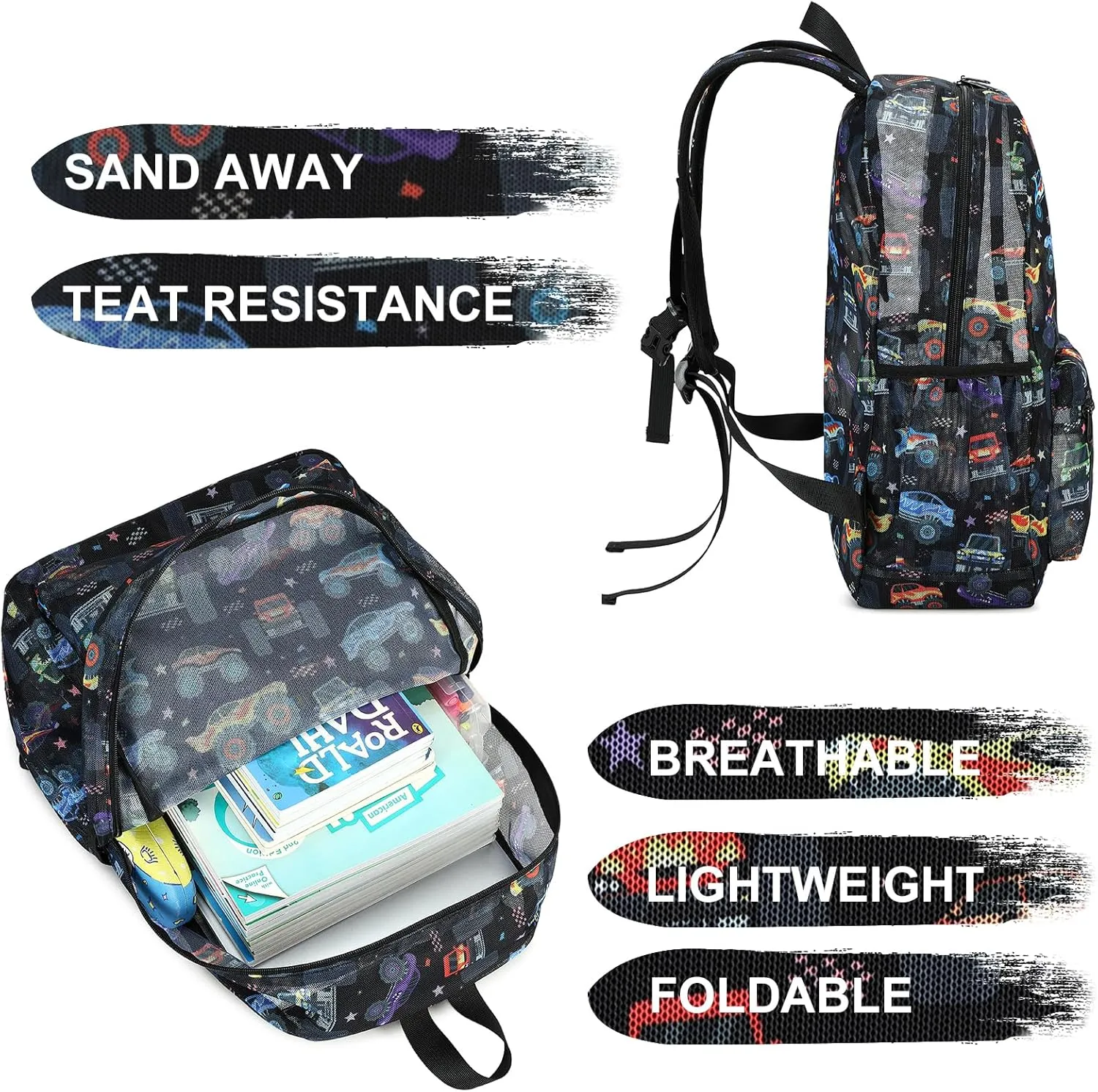 CAMTOP Mesh Backpack Kids Boys Girls Bookbag See Through Preschool Backpacks Casual Daypack for School Beach Travel Sport (Black-Vehicle)