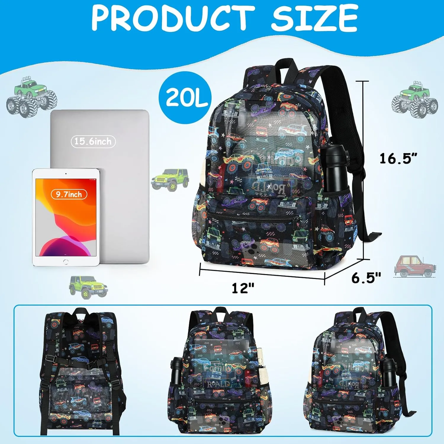 CAMTOP Mesh Backpack Kids Boys Girls Bookbag See Through Preschool Backpacks Casual Daypack for School Beach Travel Sport (Black-Vehicle)