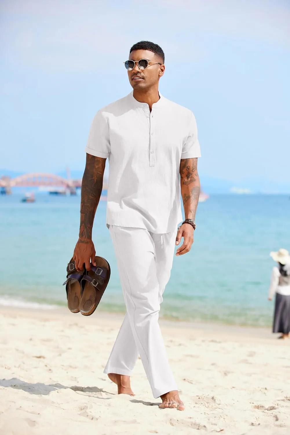 COOFANDY Mens 2 Pieces Cotton Linen Sets Short Sleeve Casual Henley Shirt Summer Beach Pants Lounge Vacation Outfits Set