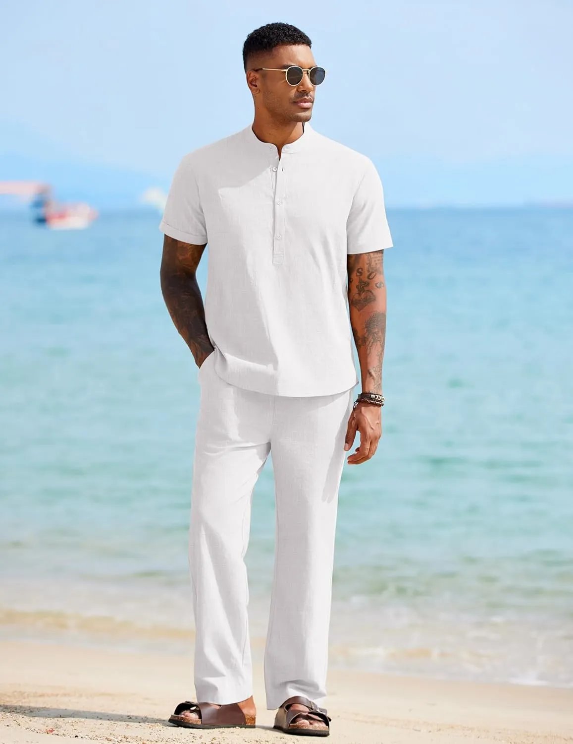 COOFANDY Mens 2 Pieces Cotton Linen Sets Short Sleeve Casual Henley Shirt Summer Beach Pants Lounge Vacation Outfits Set