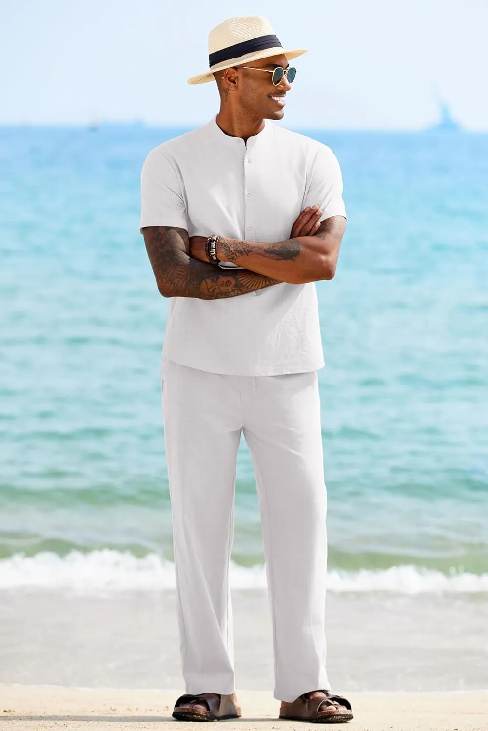 COOFANDY Mens 2 Pieces Cotton Linen Sets Short Sleeve Casual Henley Shirt Summer Beach Pants Lounge Vacation Outfits Set