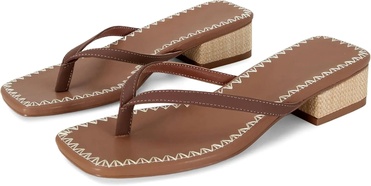 DOEYG Raffia Heels Sandals for Women Summer Beach Flip Flops Square Open Toe Flat Heeled Sandals Dressy Comfortable Slip on Thong Sandals