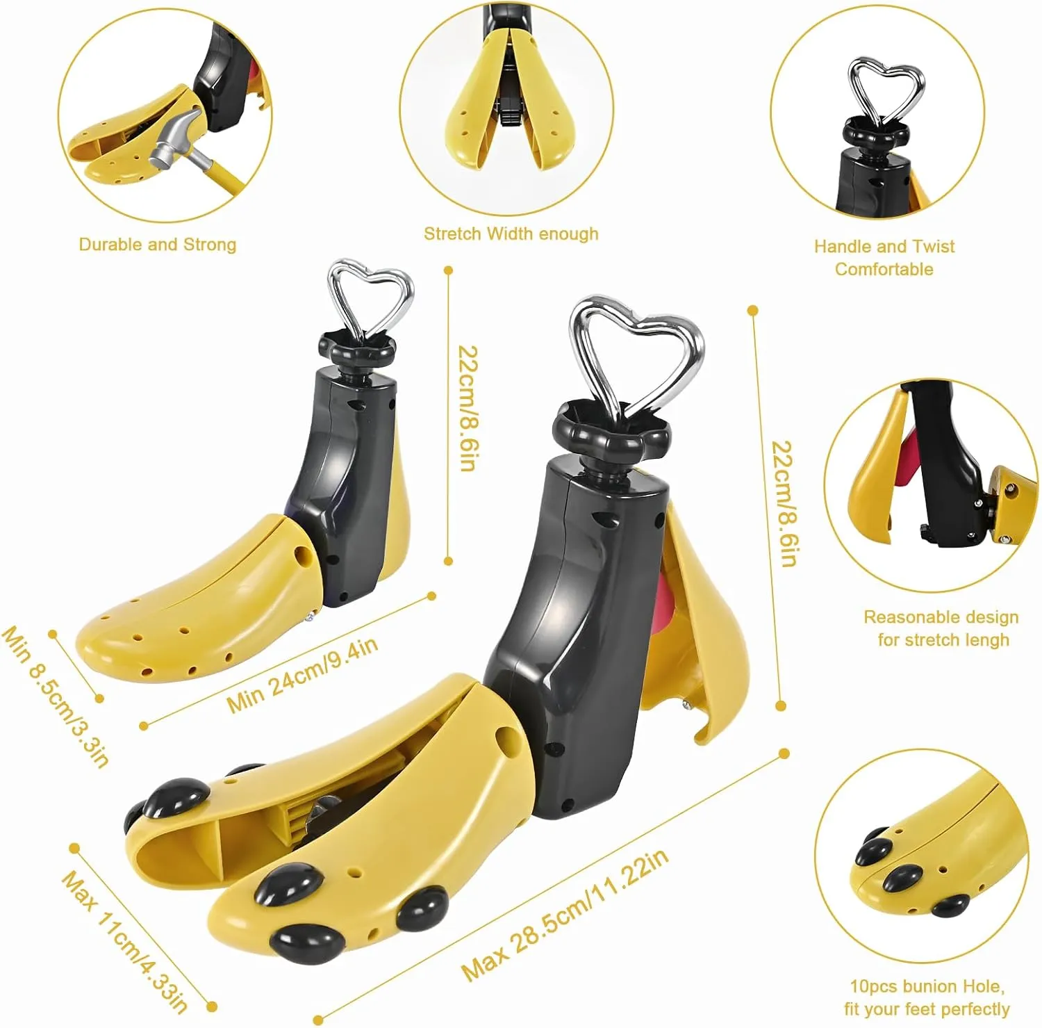 eachway Shoe Stretcher Women Men Professional Boot Stretcher Adjustable Width Length for Wide Feet (M (Wm's 10-12;men's 9-11) Yellow 1pcs)