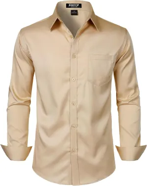 Men's Stretch Slim Fit Dress Shirts Formal Wedding Prom Business Long Sleeve Button Down Shirt with Pocket