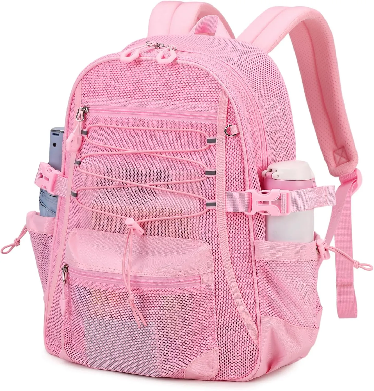 See Through Mesh Backpack for School, Ultra-Lightweight Net Bookbag with Elastic Rope & 3D Padded Straps, Breathable Backpacks for Beach, Swimming, Sports, Pink