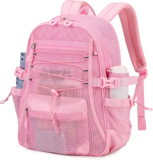 See Through Mesh Backpack for School, Ultra-Lightweight Net Bookbag with Elastic Rope & 3D Padded Straps, Breathable Backpacks for Beach, Swimming, Sports, Pink