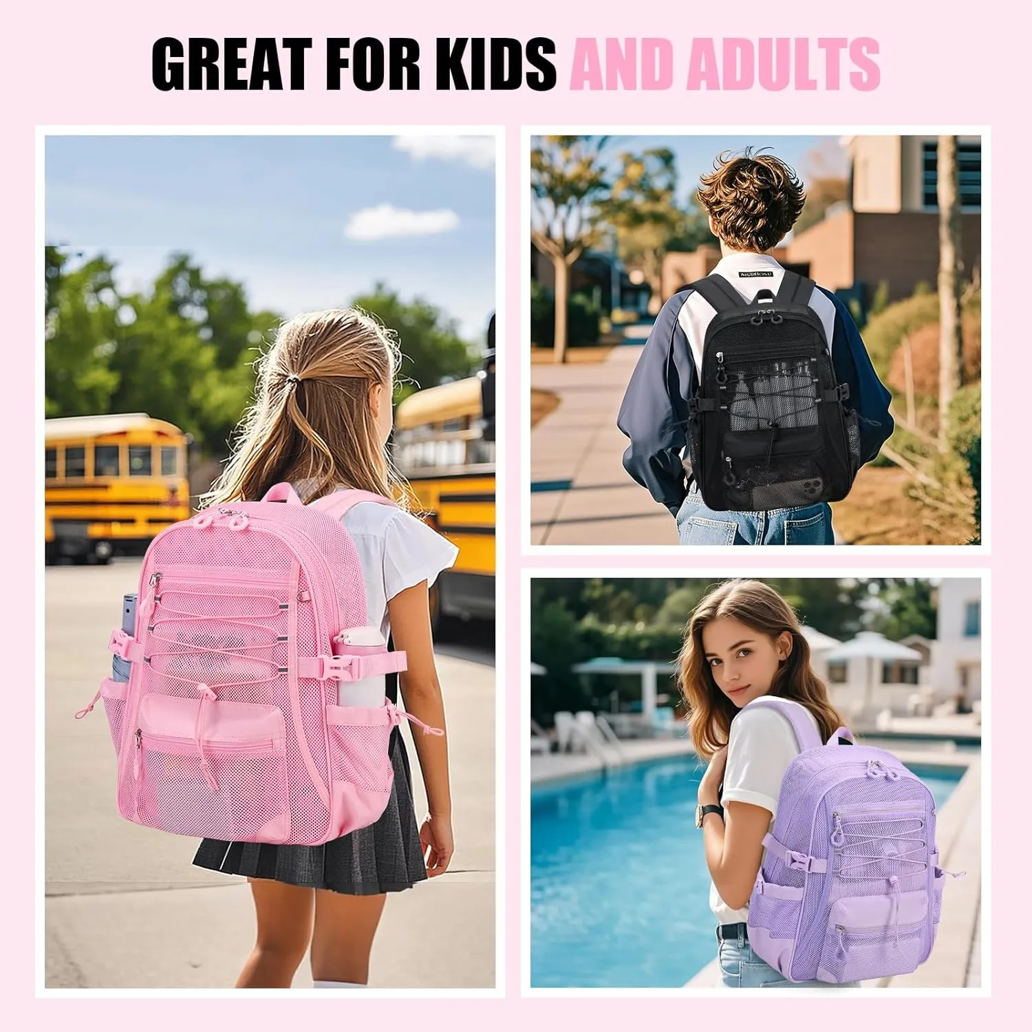 See Through Mesh Backpack for School, Ultra-Lightweight Net Bookbag with Elastic Rope & 3D Padded Straps, Breathable Backpacks for Beach, Swimming, Sports, Pink