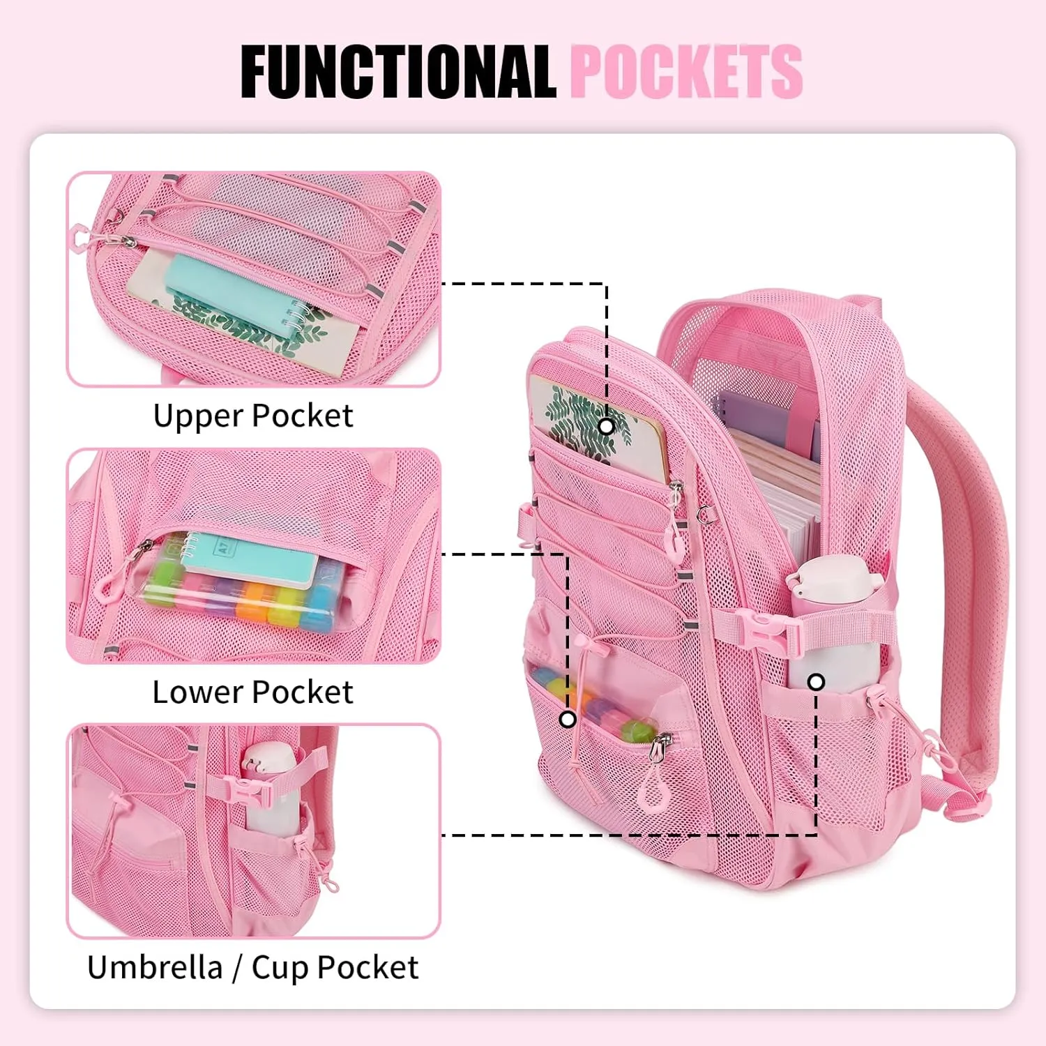 See Through Mesh Backpack for School, Ultra-Lightweight Net Bookbag with Elastic Rope & 3D Padded Straps, Breathable Backpacks for Beach, Swimming, Sports, Pink