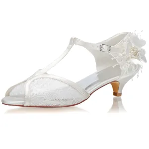 Women's Bridal Shoes 1.5" Peep Toe T-Strap Low Heel Lace Satin Flower Pumps Wedding Shoes