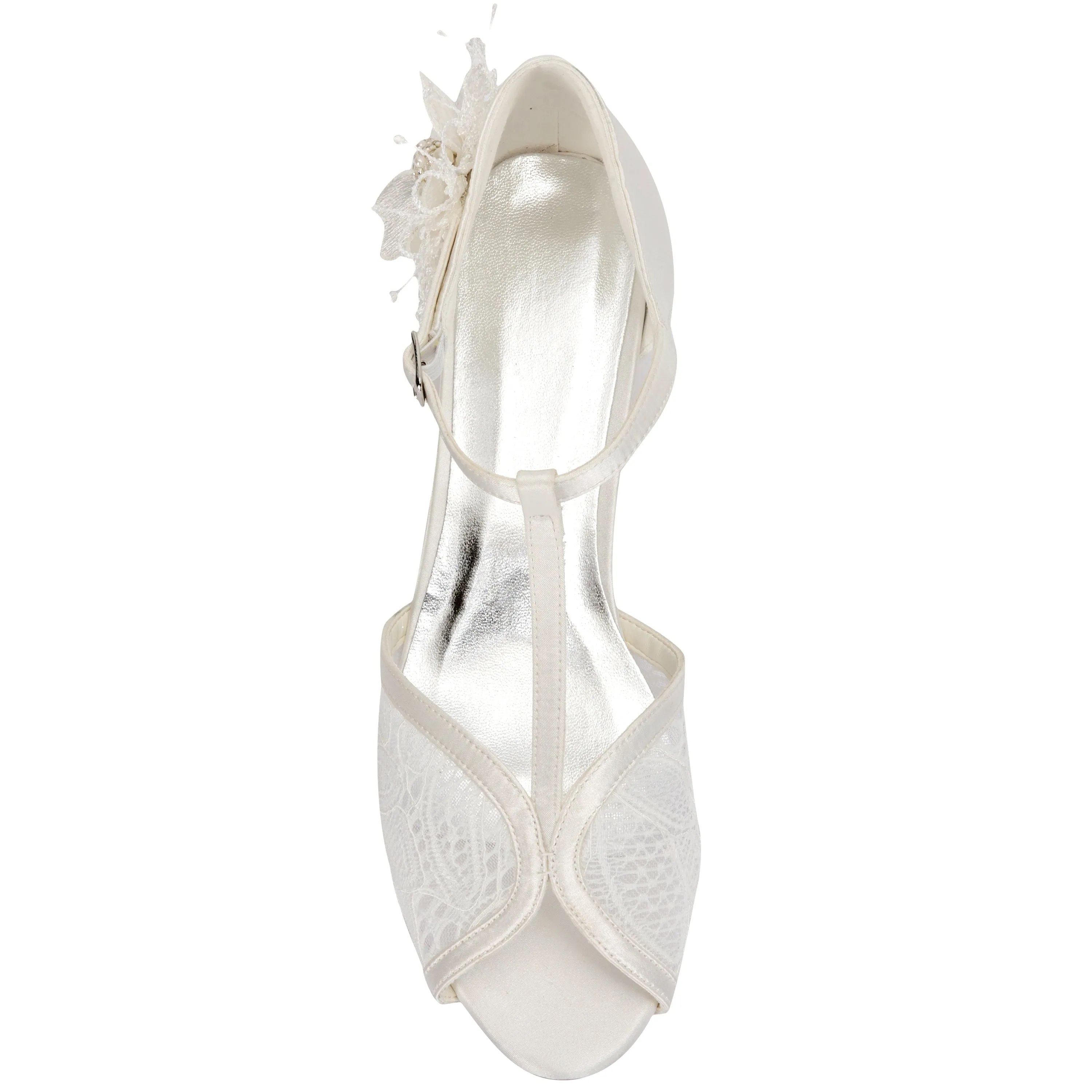 Women's Bridal Shoes 1.5" Peep Toe T-Strap Low Heel Lace Satin Flower Pumps Wedding Shoes