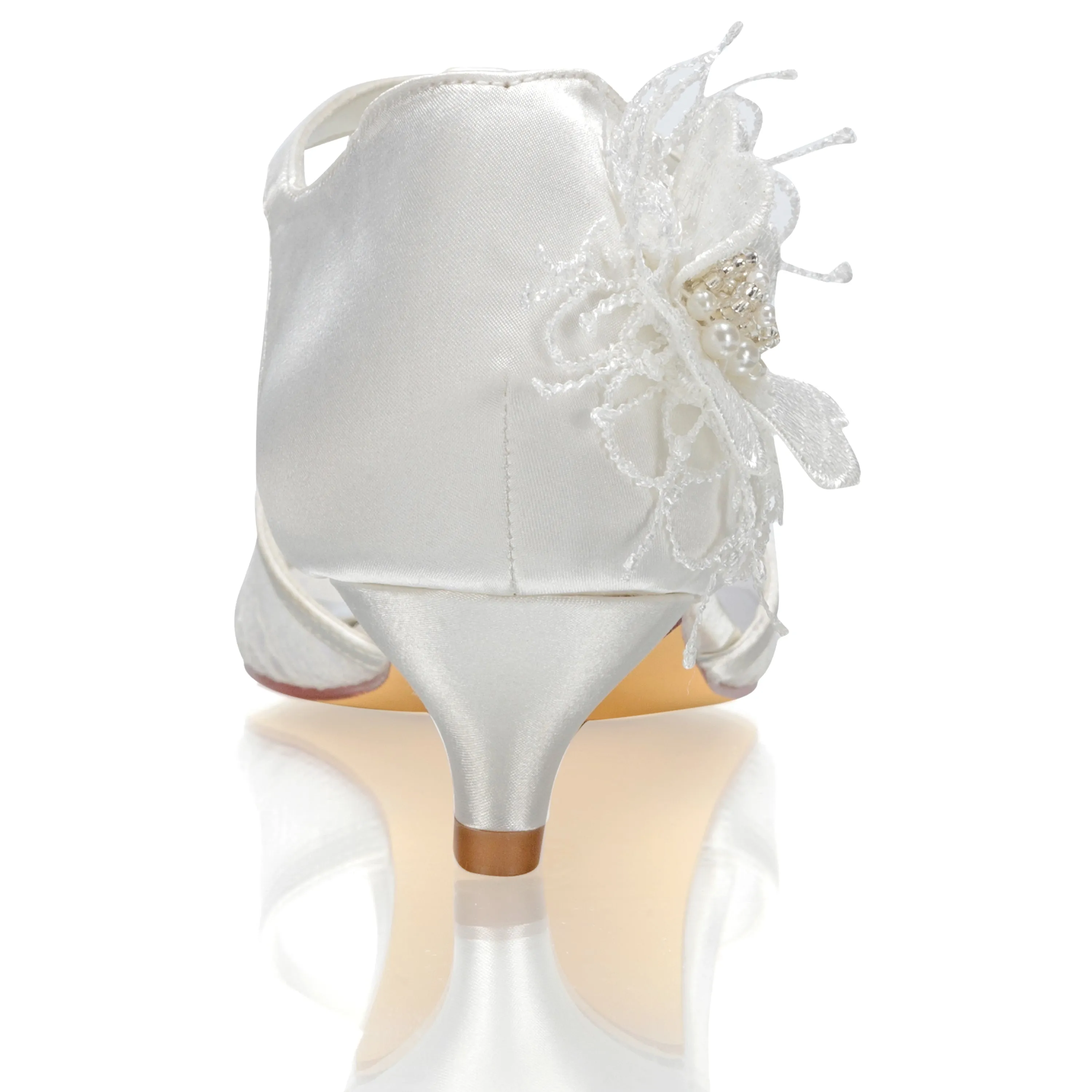 Women's Bridal Shoes 1.5" Peep Toe T-Strap Low Heel Lace Satin Flower Pumps Wedding Shoes