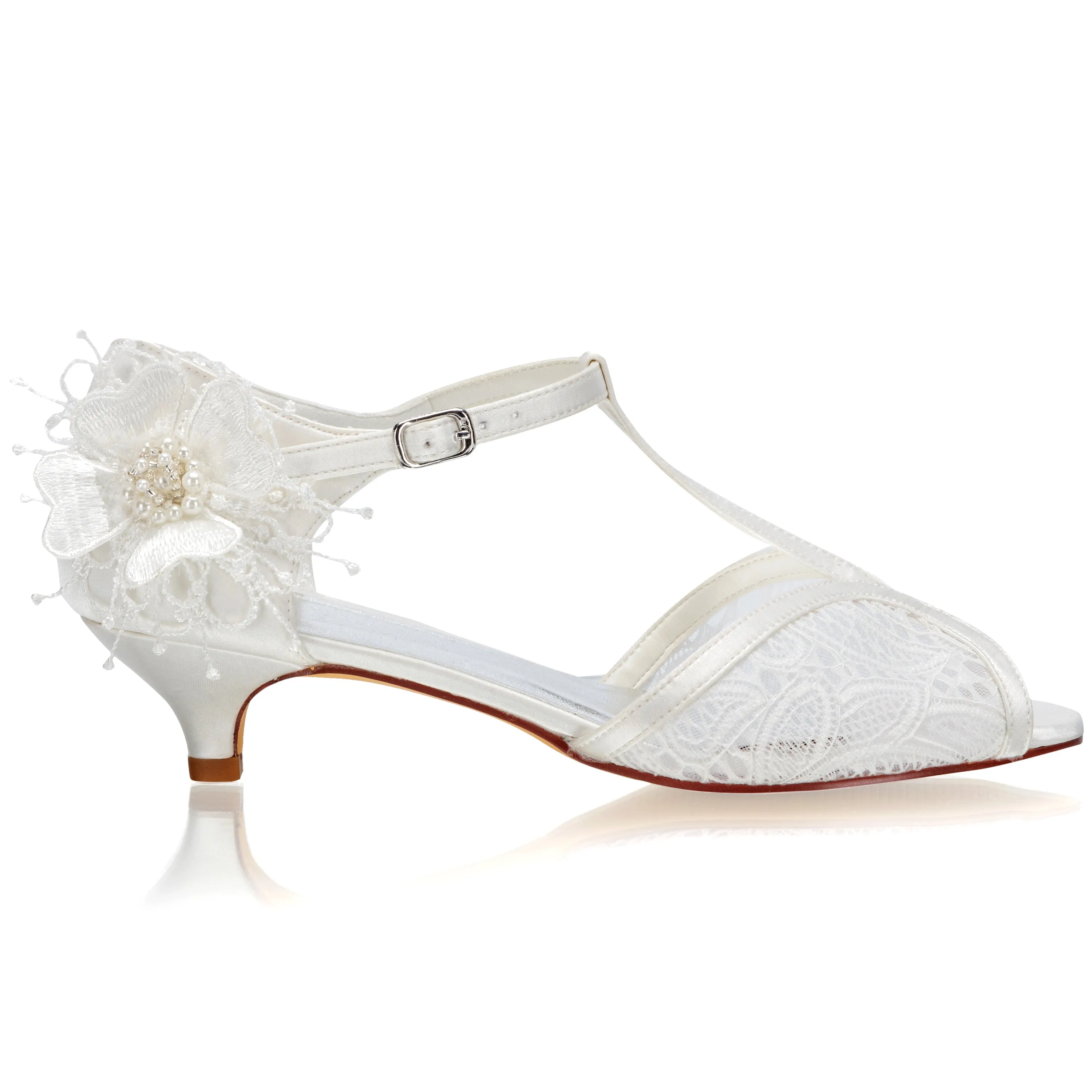 Women's Bridal Shoes 1.5" Peep Toe T-Strap Low Heel Lace Satin Flower Pumps Wedding Shoes