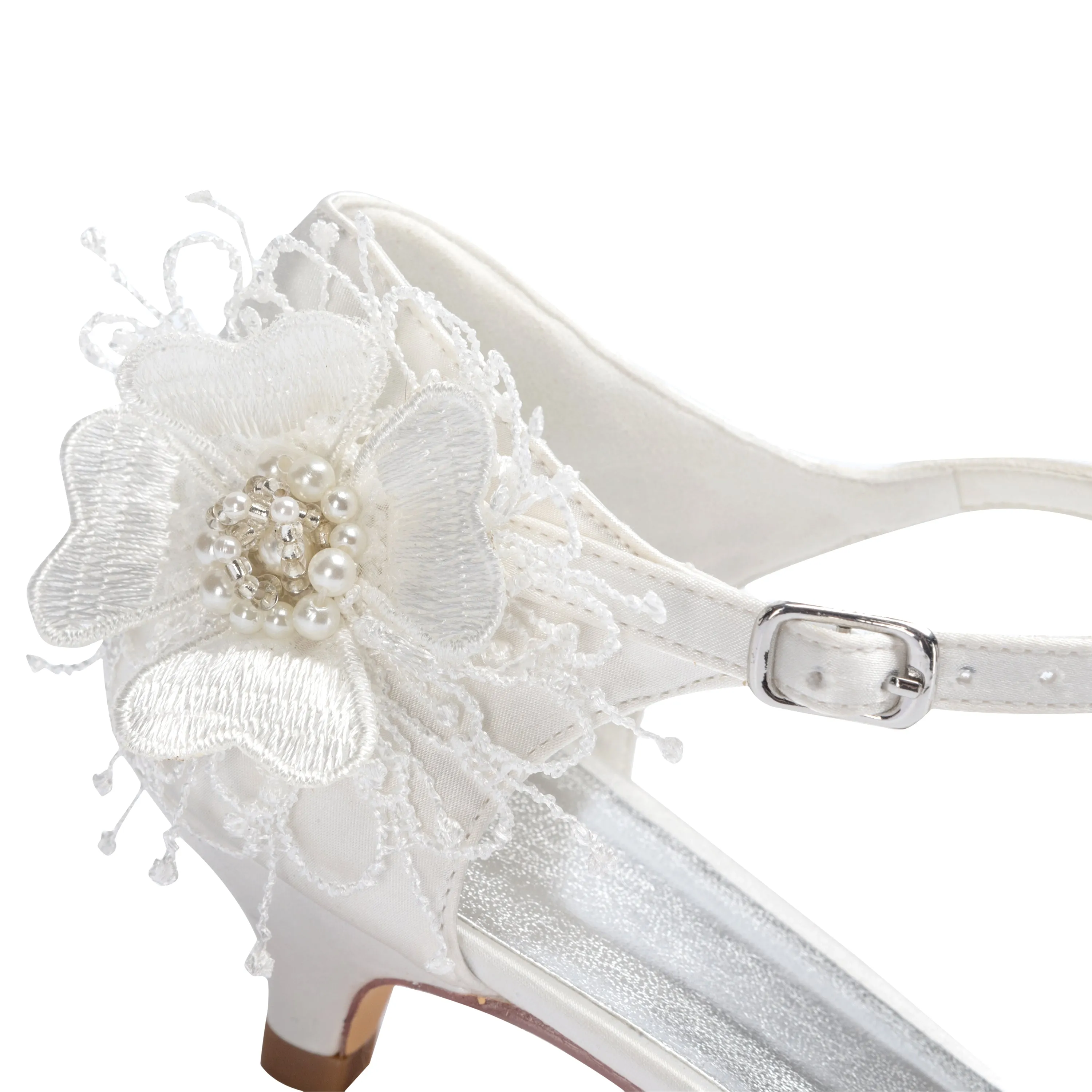 Women's Bridal Shoes 1.5" Peep Toe T-Strap Low Heel Lace Satin Flower Pumps Wedding Shoes