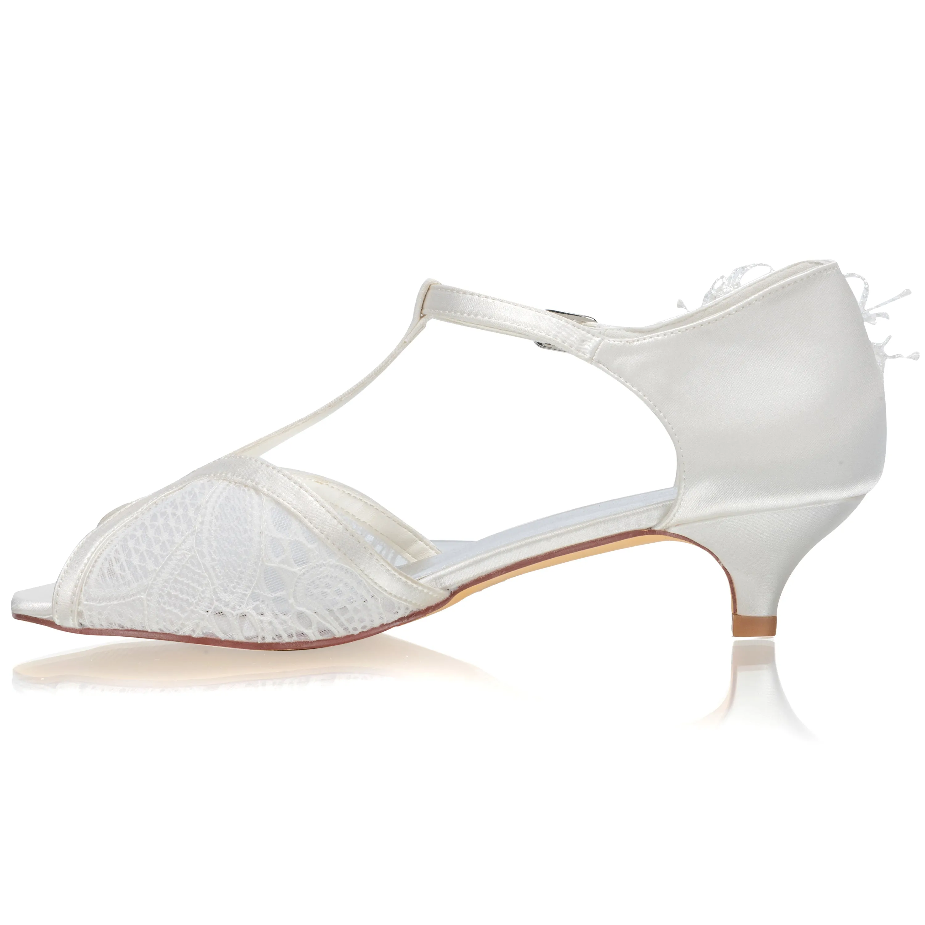 Women's Bridal Shoes 1.5" Peep Toe T-Strap Low Heel Lace Satin Flower Pumps Wedding Shoes