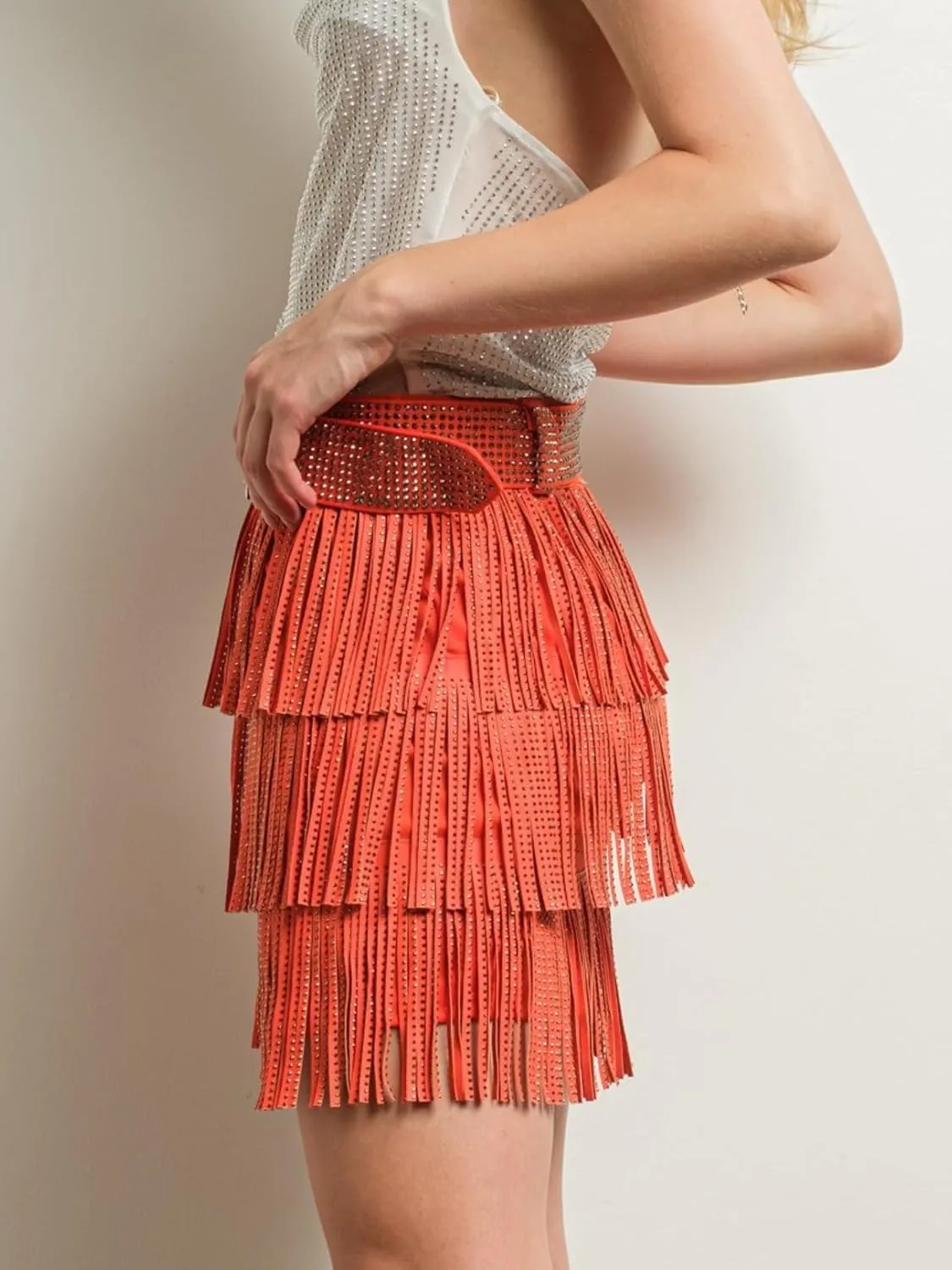 Womens Sparkle Rhinestone Fringe Skirt Elastic Waistband Short Mini Dress with Adjustable and Removable Belt