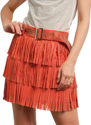 Womens Sparkle Rhinestone Fringe Skirt Elastic Waistband Short Mini Dress with Adjustable and Removable Belt