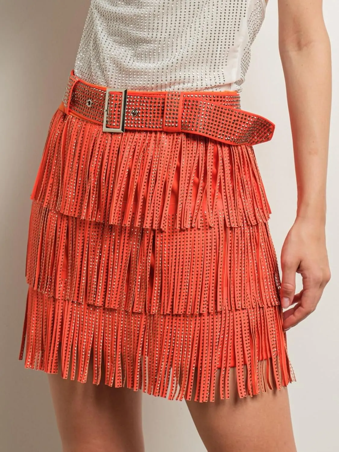 Womens Sparkle Rhinestone Fringe Skirt Elastic Waistband Short Mini Dress with Adjustable and Removable Belt