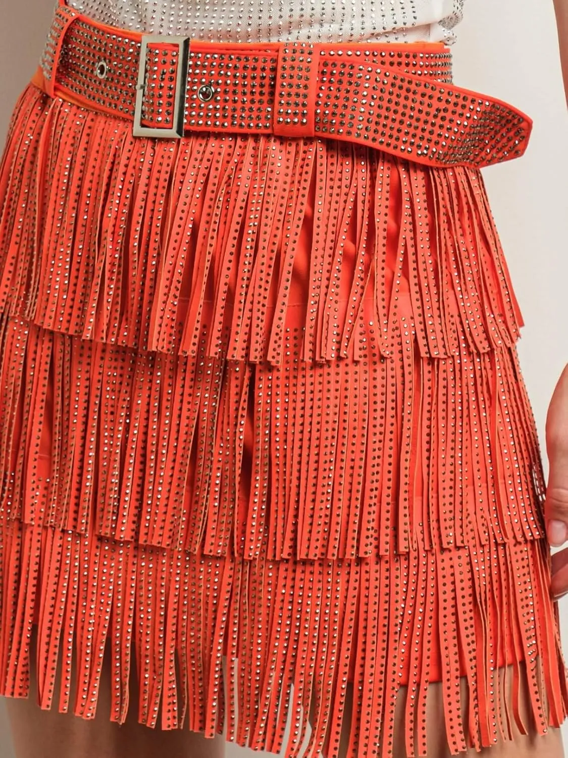 Womens Sparkle Rhinestone Fringe Skirt Elastic Waistband Short Mini Dress with Adjustable and Removable Belt